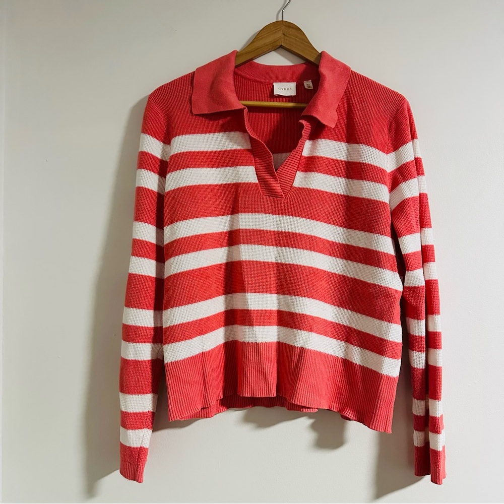 Cyrus Coral and White Striped Women's Polo Sweatshirt Size XL